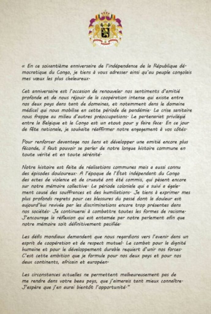 Les regrets du roi des Belges à Félix Antoine Tshisekedi par voie épistolaire 1