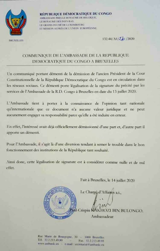 Cour Constitutionnelle : L’ambassade retire la légalisation du démenti de Benoit Lwamba 1