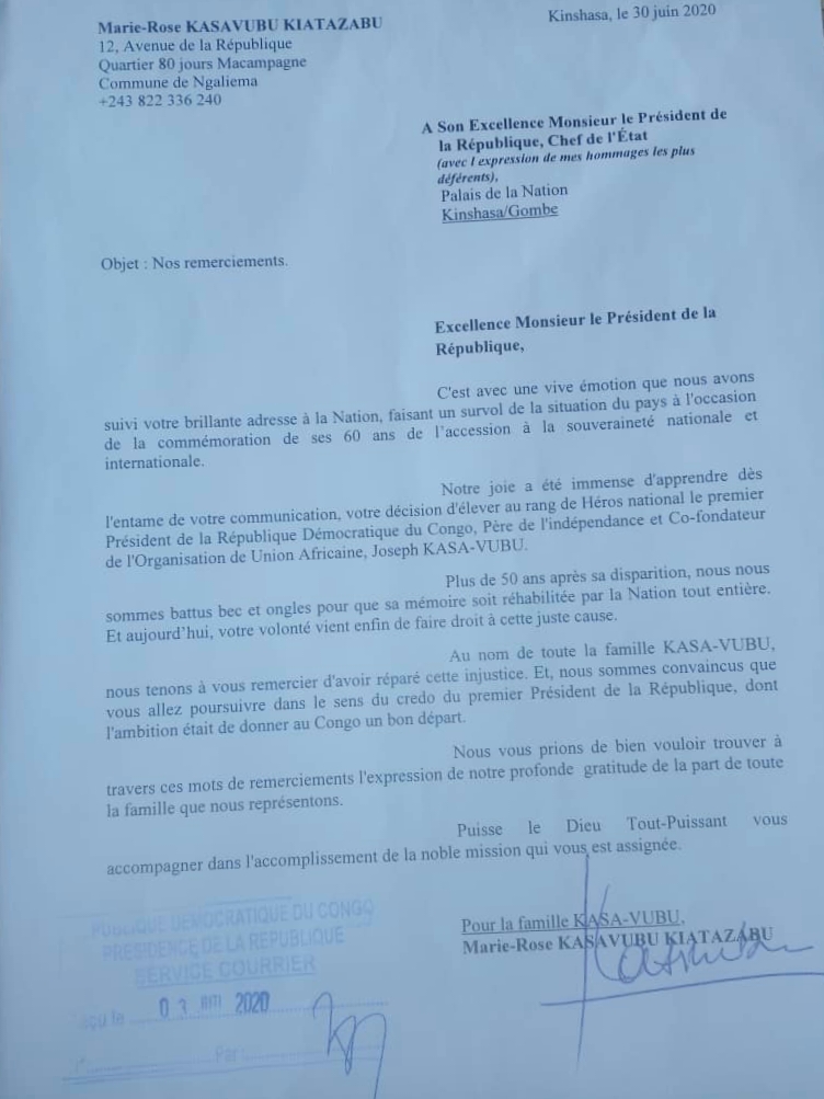 Remerciements de la famille Kasa-Vubu au chef de l'État 2